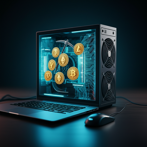 Cryptocurrency mining hardware including GPUs and ASIC rigs connected to software and wallets