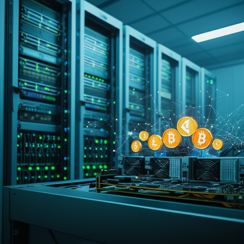 Cryptocurrency mining operation showcasing server housing and advanced ASIC mining hardware