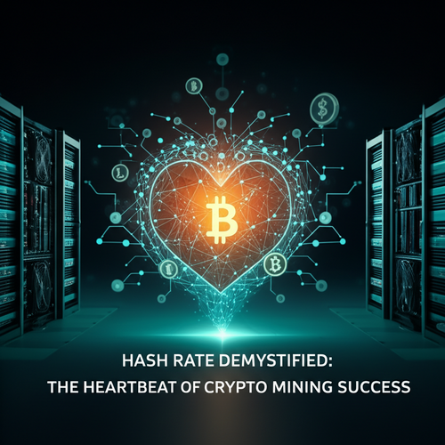 Close-up of cryptocurrency mining hardware with glowing lights representing hash rate power