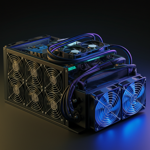 Open frame cryptocurrency mining rig cooled by high-performance fans and ventilation