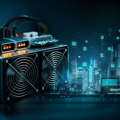 Cryptocurrency mining rig with hardware components connected to blockchain network graphics