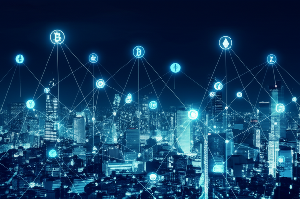 Graphic illustrating cryptocurrency investment, marketing, and blockchain technology