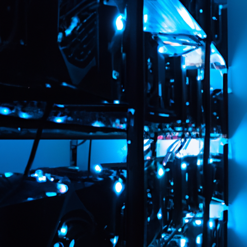 Illustration of ASIC miner with cryptocurrency and fee percentage symbols representing mining pool fees