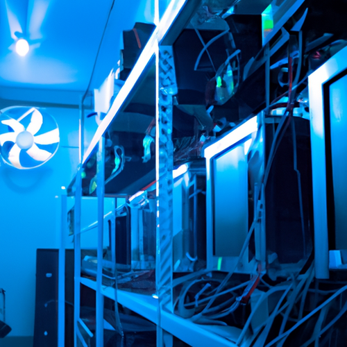 Graphic showing remote monitoring and management of ASIC cryptocurrency miners for efficiency