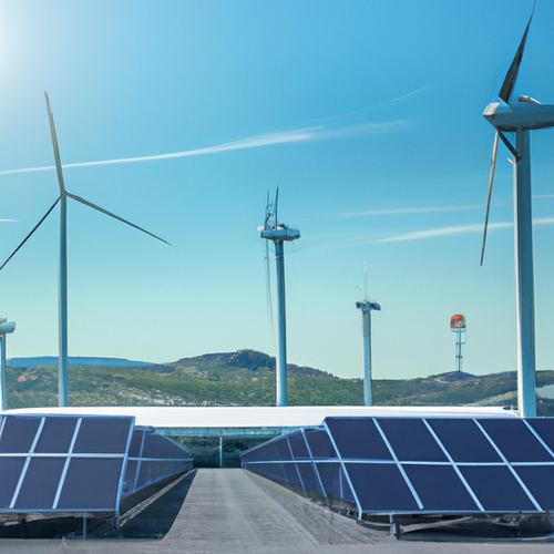 Hybrid renewable energy setup with solar panels and wind turbines powering ASIC mining equipment