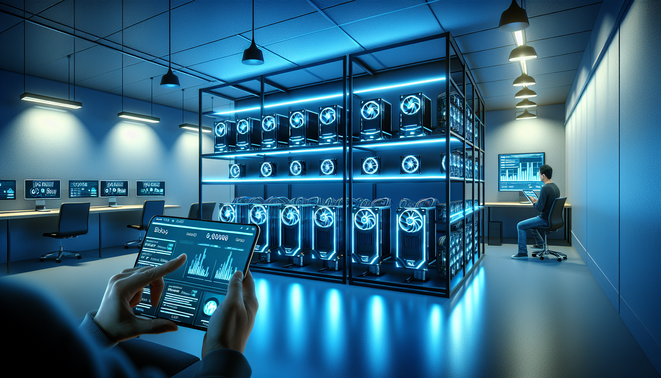 Cryptocurrency mining app interface showing live hash rates, temperature, and power usage for mining rigs