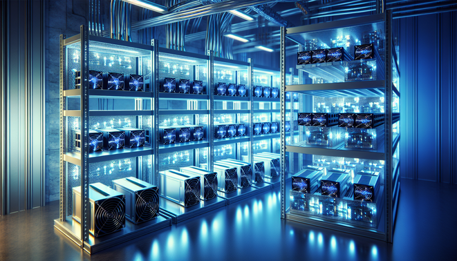 Cryptocurrency mining rigs hosted in a professional mining farm with cooling systems