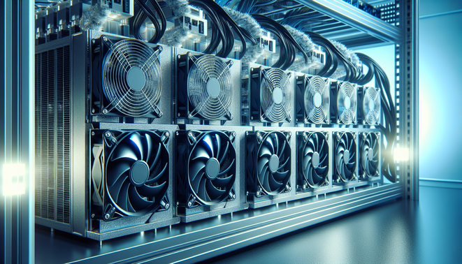 Cryptocurrency mining hardware with fan and cooling setup representing maintenance tips