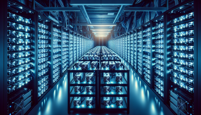 Cryptocurrency mining hardware in a European data center with efficient cooling and power management