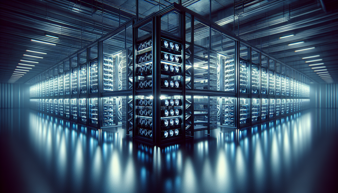 Cryptocurrency mining racks hosted in a European data center with advanced cooling and power systems