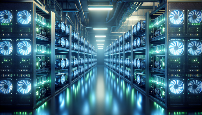 Cryptocurrency mining rig powered by electricity with a map of Europe showing energy costs