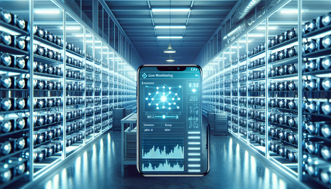 Smartphone displaying OneMiners mobile app monitoring multiple cryptocurrency mining rigs in real-time