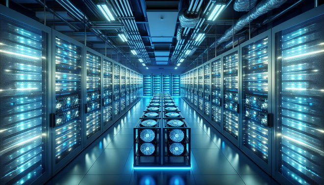 Cryptocurrency mining rigs in a secure European hosting facility with advanced cooling and power systems