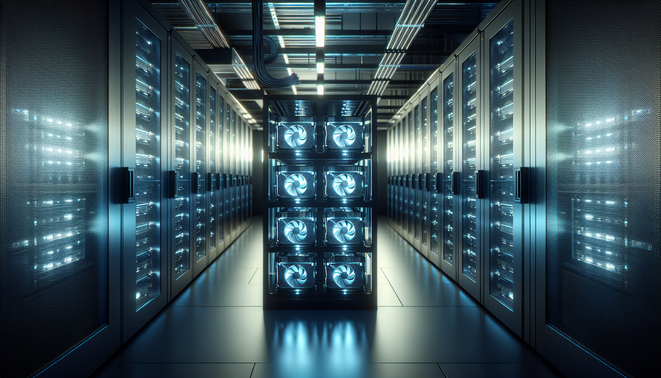 Cryptocurrency mining rigs hosted in a European data center optimizing electricity and uptime