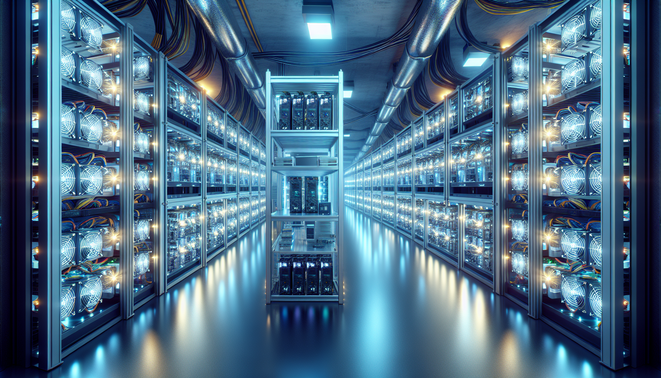 Cryptocurrency mining rigs secured with locks and surveillance cameras ensuring protection against theft and damage