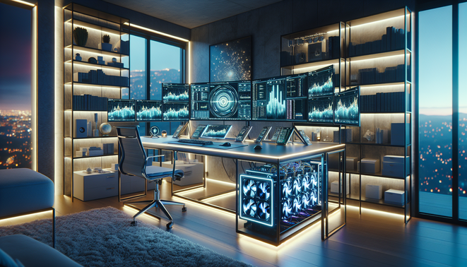 A home cryptocurrency mining rig with GPUs and cooling systems optimized for 2026 mining