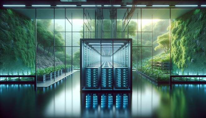 Eco-friendly crypto mining facility using renewable energy and advanced cooling in Europe