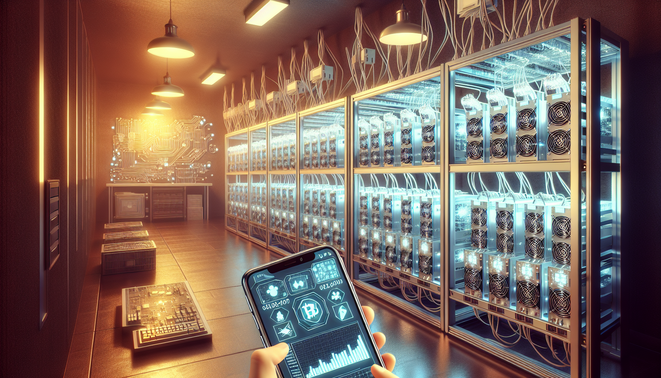 Mobile device displaying cryptocurrency mining monitoring app with real-time rig performance data