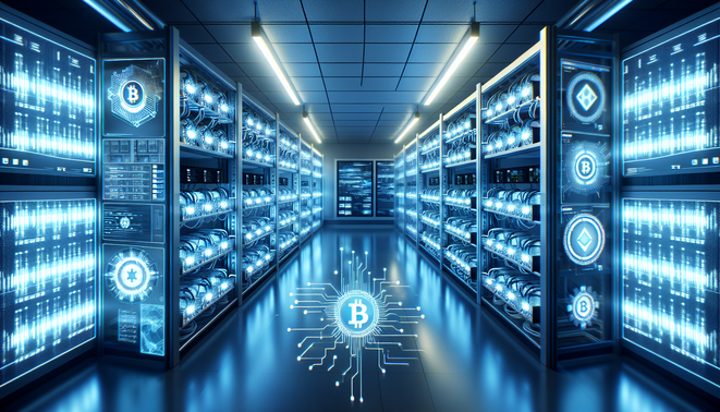 Cryptocurrency mining farm dashboard displaying real-time monitoring metrics