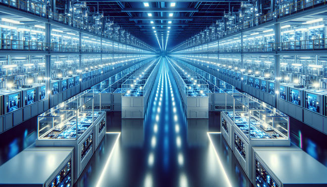 Cryptocurrency mining rigs hosted in a specialized European data center with advanced cooling systems