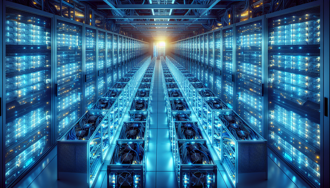 Cryptocurrency mining rigs in a secure European hosting data center with cooling systems