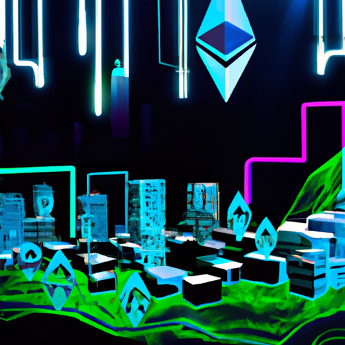 Cryptocurrency mining hardware with blockchain and DeFi finance icons representing integration