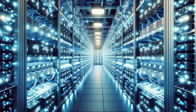 Rows of ASIC cryptocurrency miners optimized for efficient and profitable mining