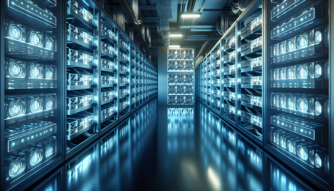 ASIC miner hosting facility with racks of mining hardware under cooling systems