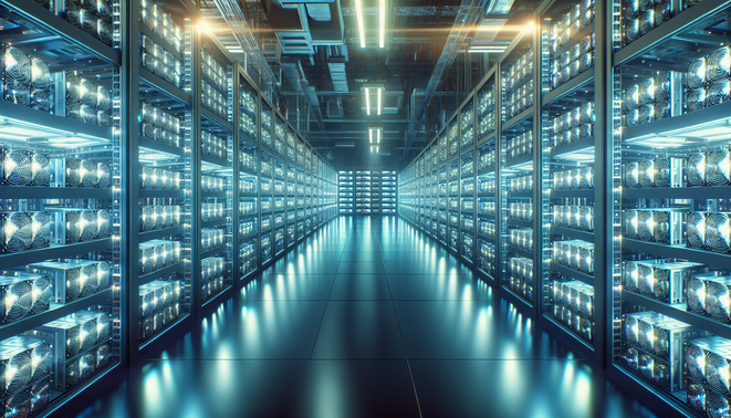 ASIC Bitcoin mining rigs operating efficiently in a hosted data center with cooling and power infrastructure