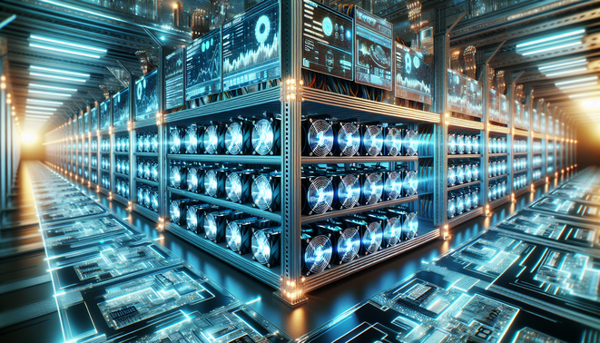 Close-up of ASIC mining hardware in a professional hosting facility
