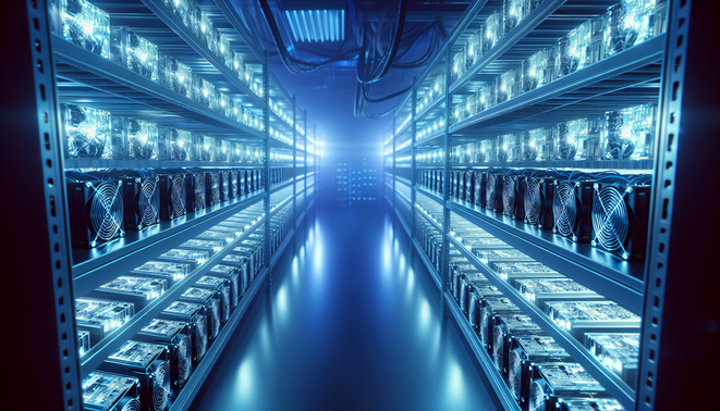 ASIC Bitcoin mining hardware setup with hosting service data center background