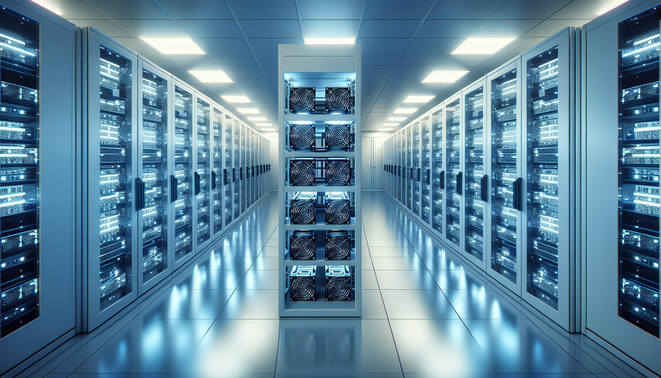 ASIC miner hardware hosted securely with efficient power and cooling systems