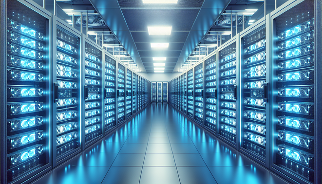 ASIC Bitcoin miners housed in secure hosting facility with cooling and monitoring systems