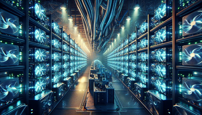 Graphic showing Bitcoin mining rigs with electricity cost indicators and profit calculations