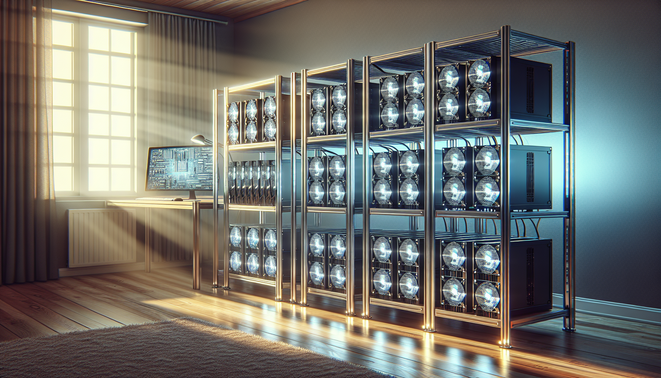 Home cryptocurrency mining rig featuring GPUs, cooling fans, and organized wiring for optimal performance