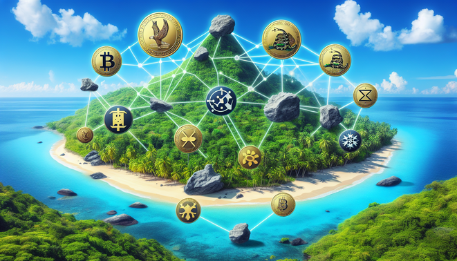 Conceptual image representing crypto regulation, market analysis, and a libertarian crypto hub in Nevis