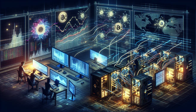 Crypto market graph with mining equipment representing trends and political influences