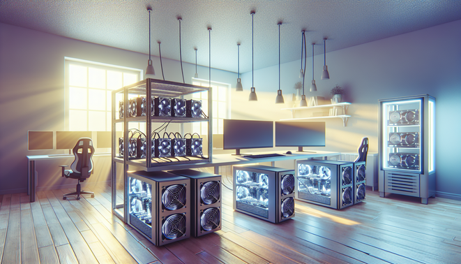 Home-based small-scale cryptocurrency mining setup with ASIC miners and GPUs