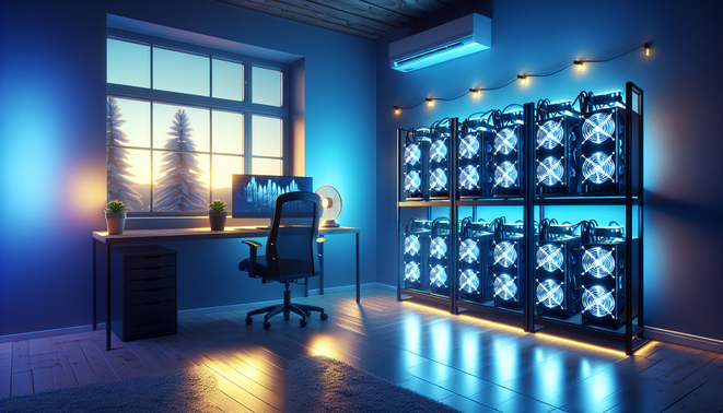 Home cryptocurrency mining rig showing hardware and cooling fans for efficient operation