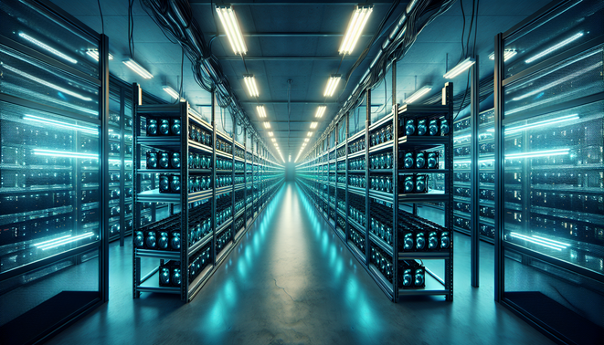 Cryptocurrency mining hardware in a professional hosting facility with cooling and security systems