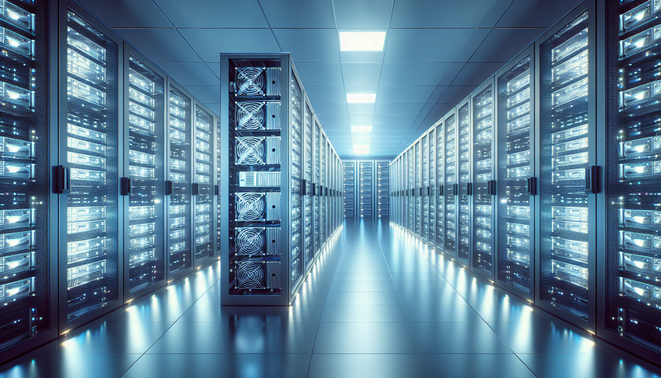 Cryptocurrency mining rigs hosted securely in a European data center with advanced cooling and power management