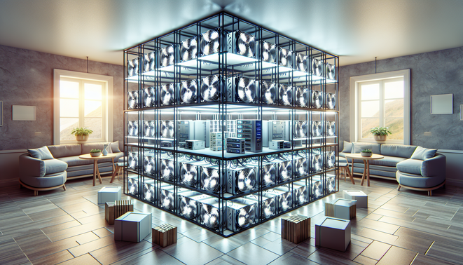 Home cryptocurrency mining rigs arranged for optimal cooling and energy efficiency