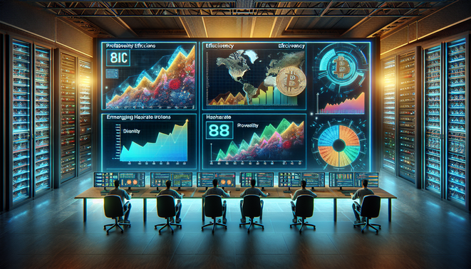 Bitcoin mining rigs operating amidst fluctuating hashrate and market conditions