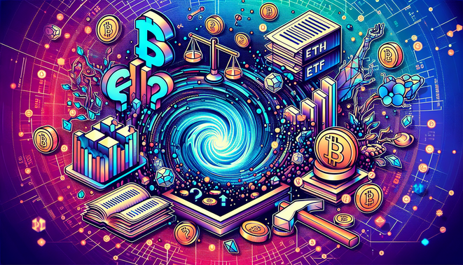 Graphic illustrating crypto ETFs, ethical concerns, and regulatory symbols representing the future of cryptocurrency