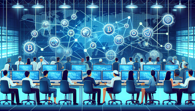 Bitcoin crash chart with crypto mining rigs and wallet analysis graphics