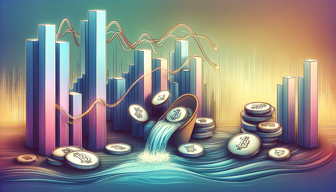 Digital illustration showing stablecoins, market charts, and venture capital investment in crypto