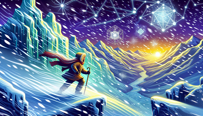 Graphic depicting crypto winter challenges including funding, politics, and security threats