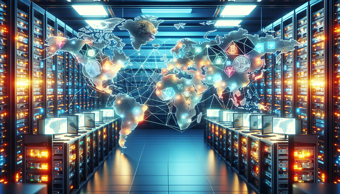 Cryptocurrency icons with policy documents and mining equipment illustrating 2026 trends