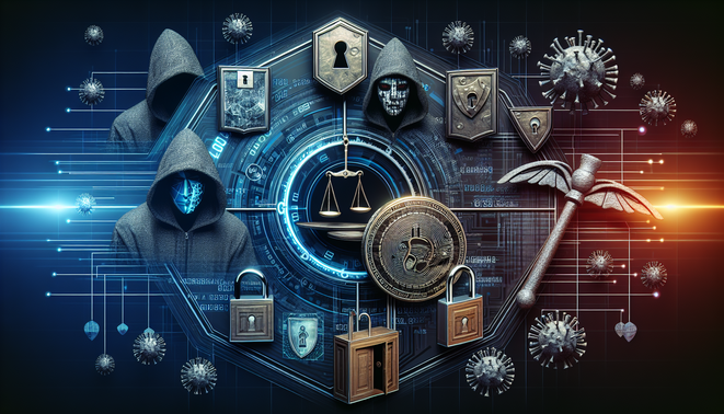 Cryptocurrency symbols overlaid with regulatory compliance and security icons