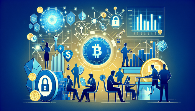 Digital illustration of crypto market charts and security shields representing policy and market trends